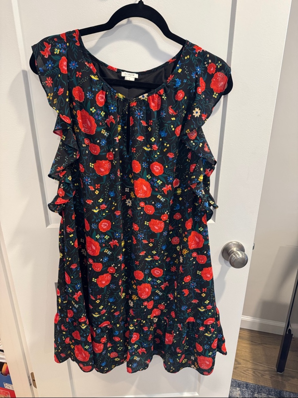 J. Crew Black Dress with Red Floral Print